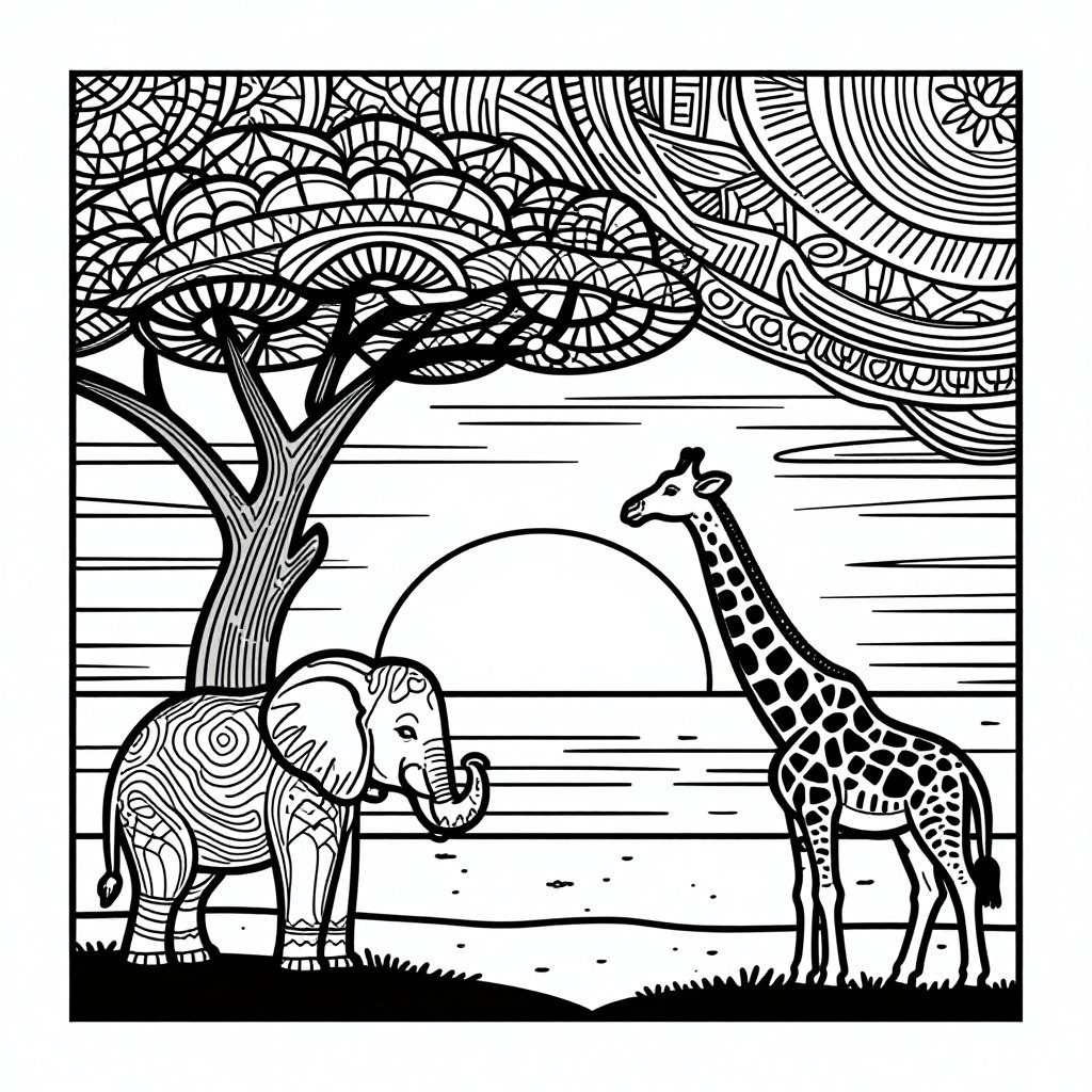 Safari Sunset - free printable coloring page