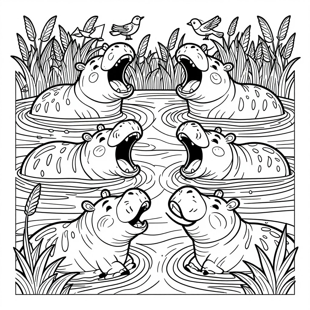 Hippo Pool - free printable coloring page