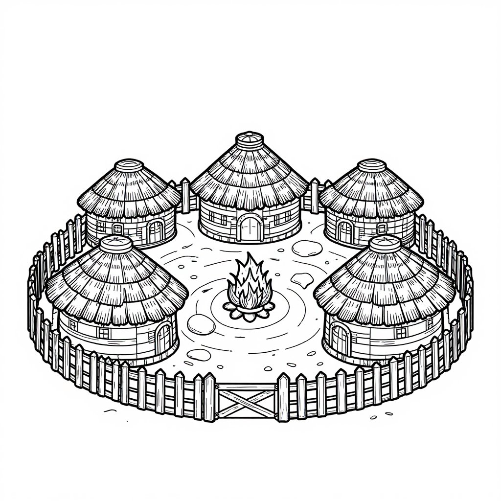 African Village - free printable coloring page