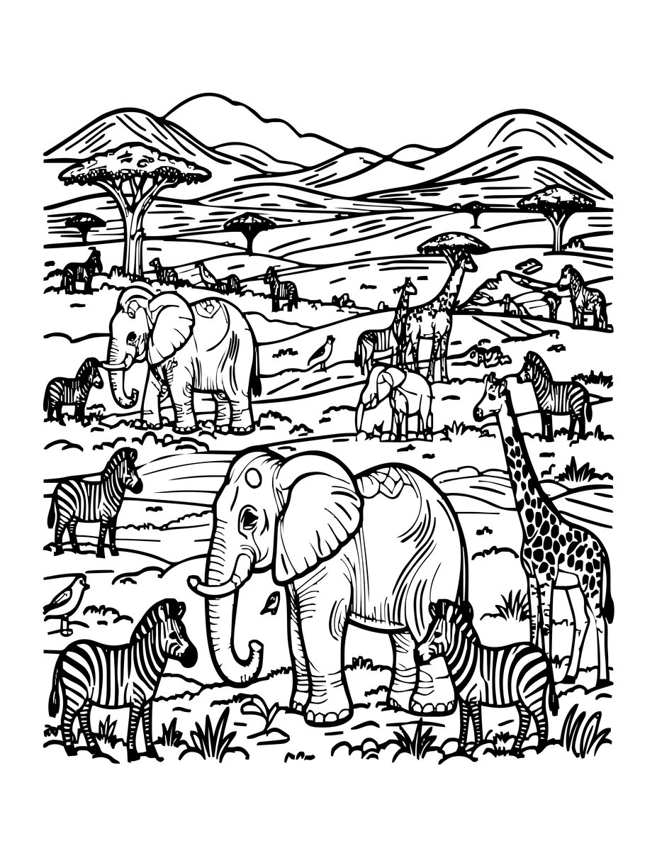 African Panorama - free printable coloring page