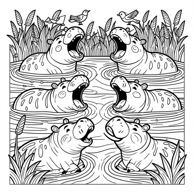Hippo Pool - Free printable coloring page