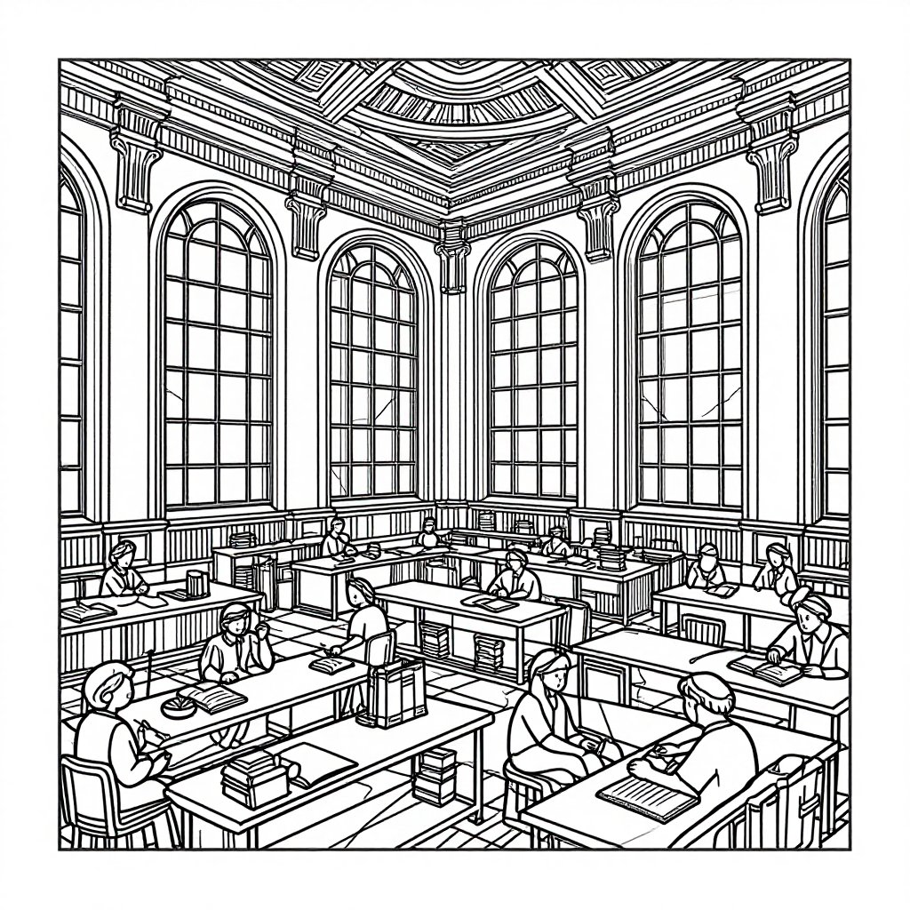 Reading Hall - free printable coloring page