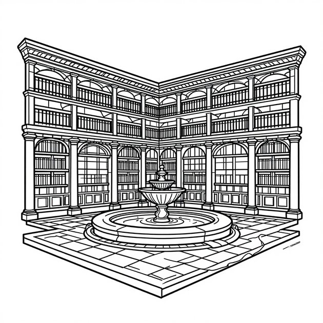 Library Courtyard - Free printable coloring page