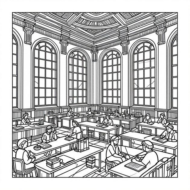 Reading Hall - Free printable coloring page
