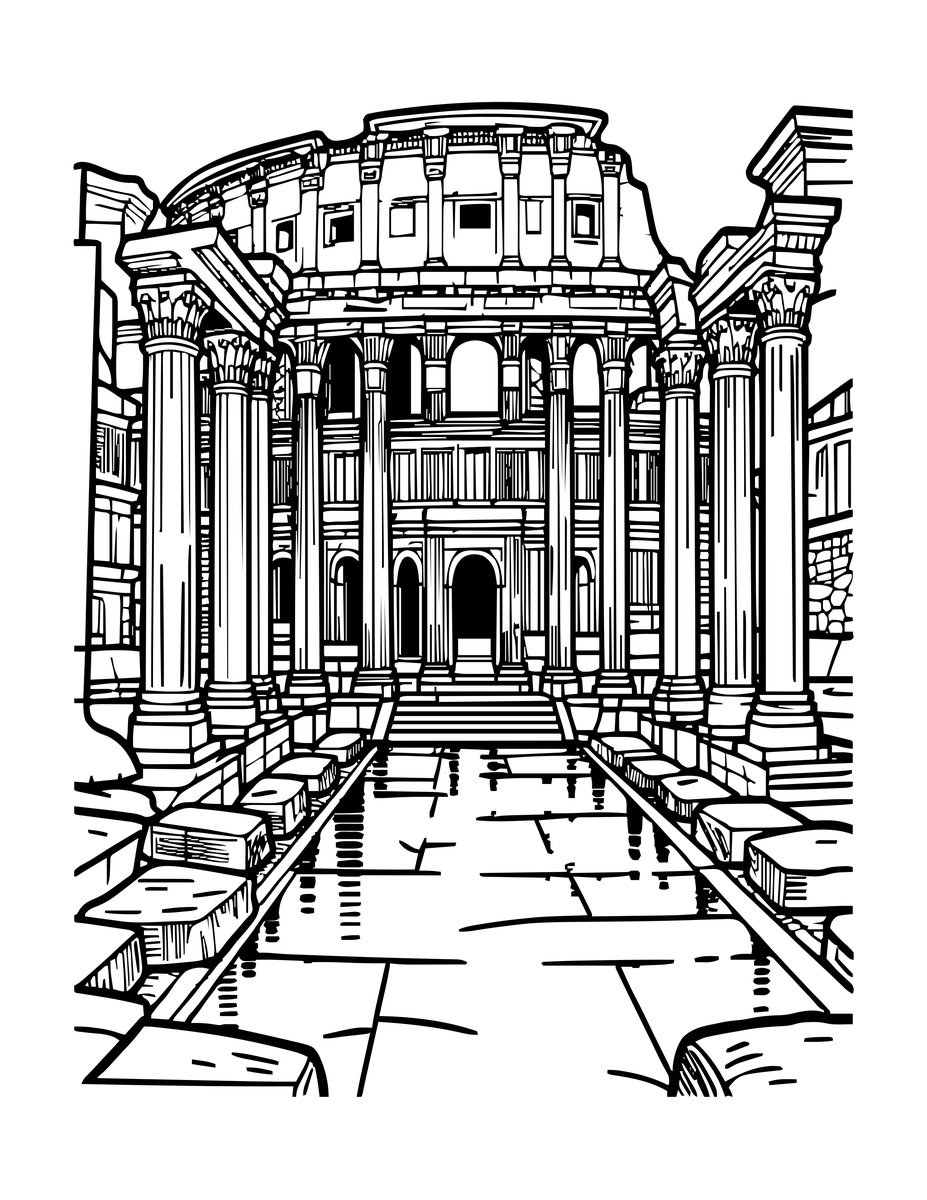 Ruins in Rain - free printable coloring page