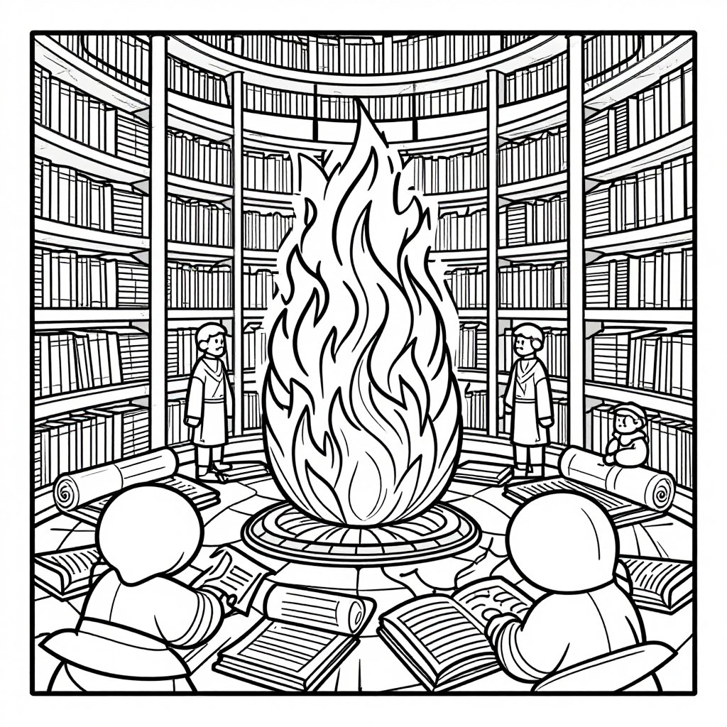 Burning Library - free printable coloring page