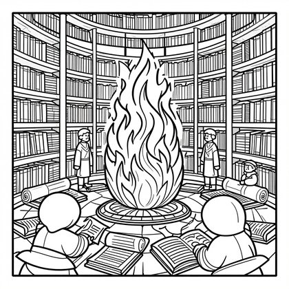 Burning Library - Free printable coloring page