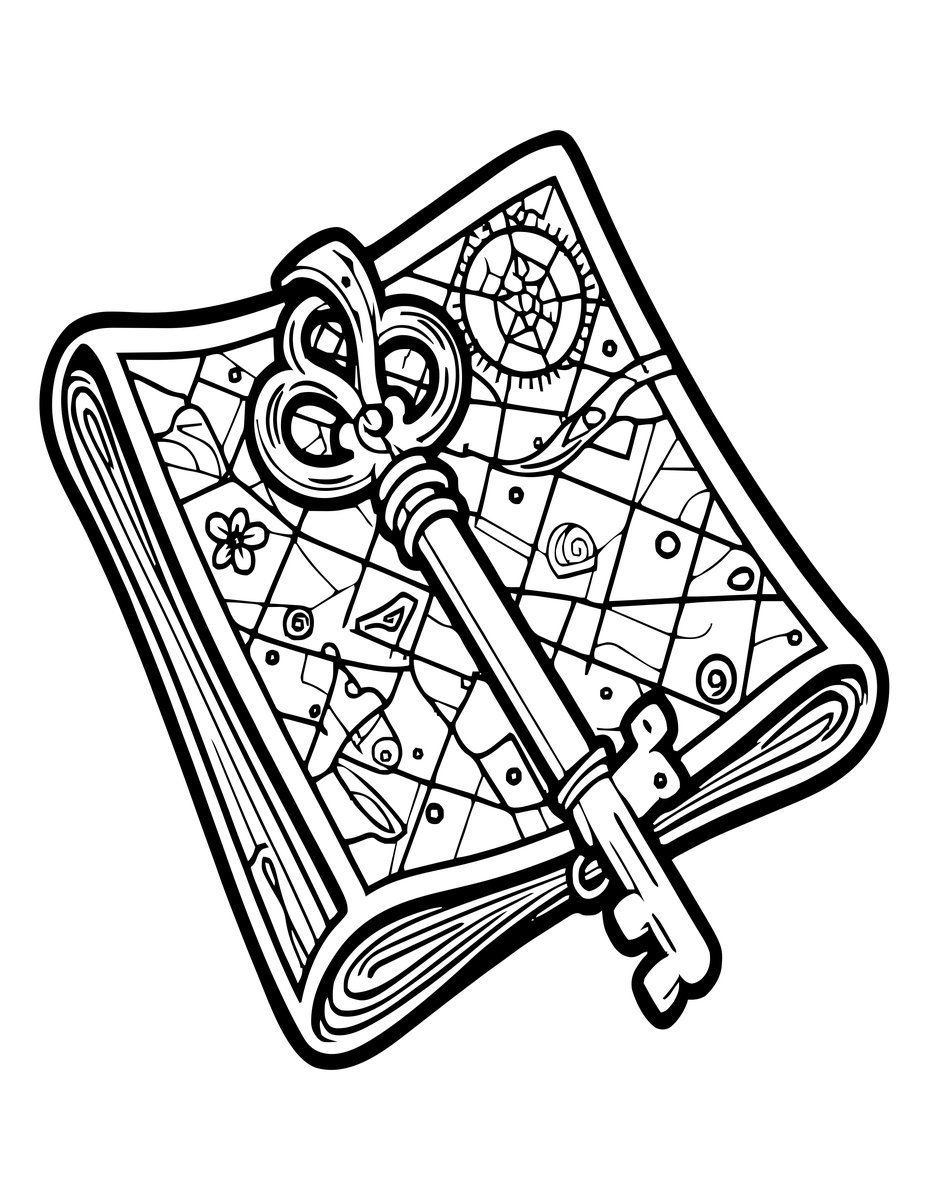 Key and Map - free printable coloring page