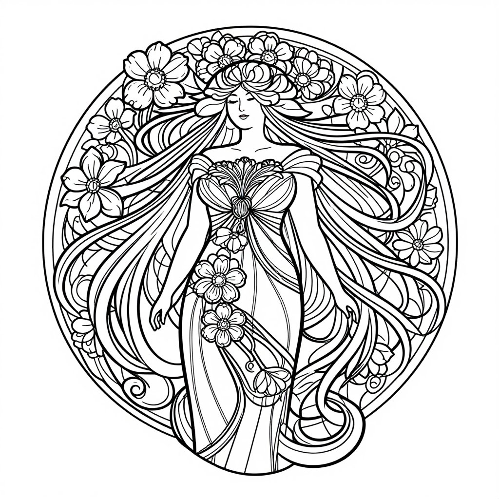 Flowing Hair - free printable coloring page