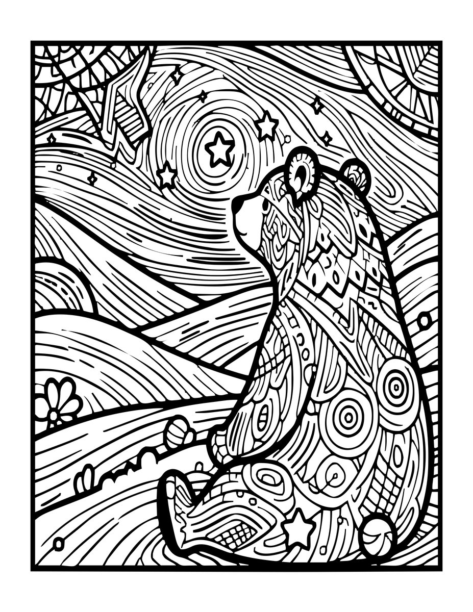 Bear Under Stars - free printable coloring page