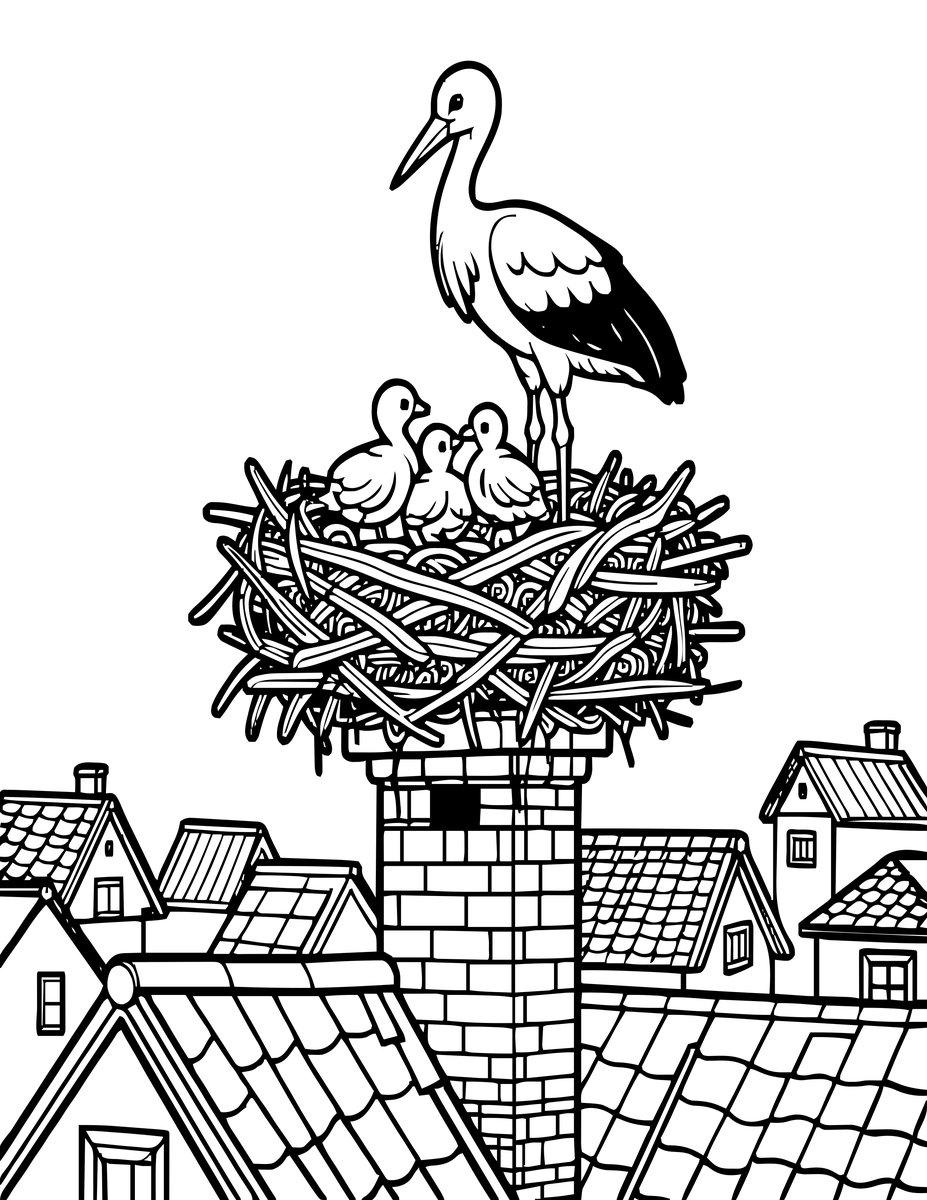 Stork Nest - free printable coloring page