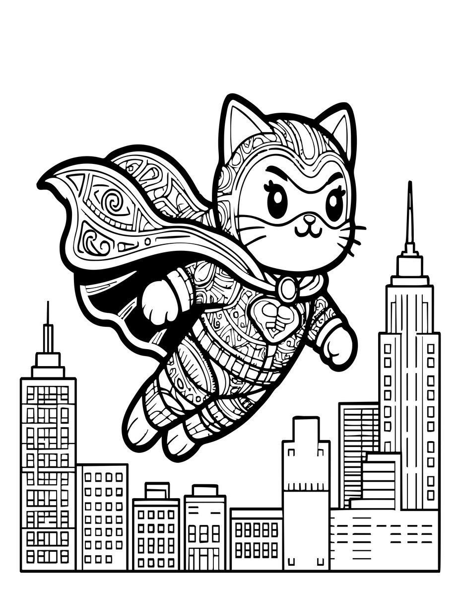 Superhero Cat - free printable coloring page