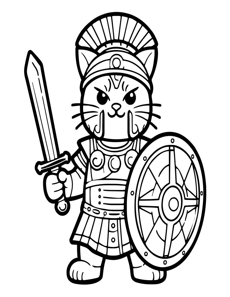 Gladiator Cat - free printable coloring page