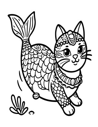 Mermaid Cat - Free printable coloring page