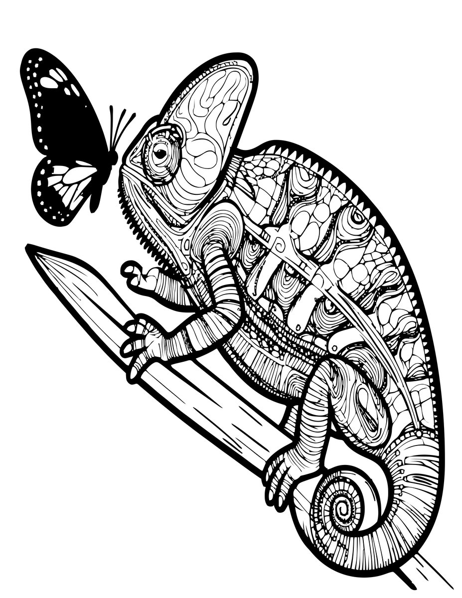 Chameleon and Butterfly - free printable coloring page