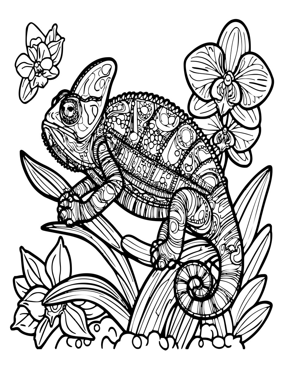 Chameleon and Orchid - free printable coloring page