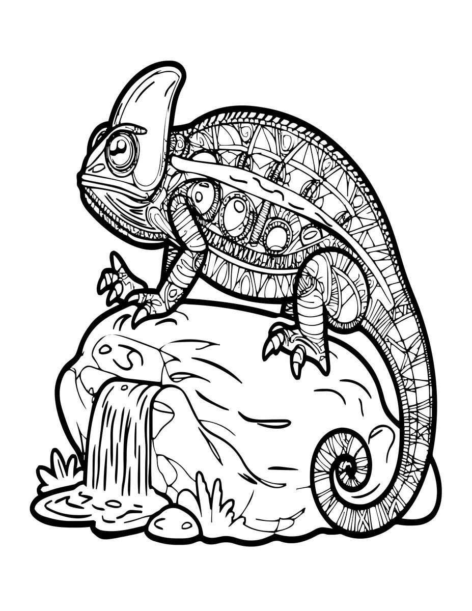 Chameleon and Waterfall - free printable coloring page
