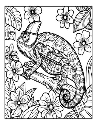 Chameleon and Flowers - Free printable coloring page