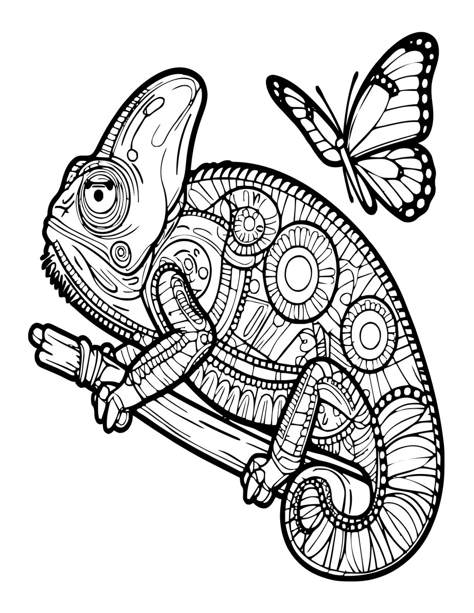 Chameleon and Butterfly - free printable coloring page