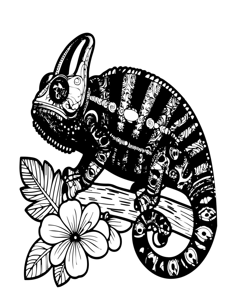 Chameleon and Flowers - free printable coloring page