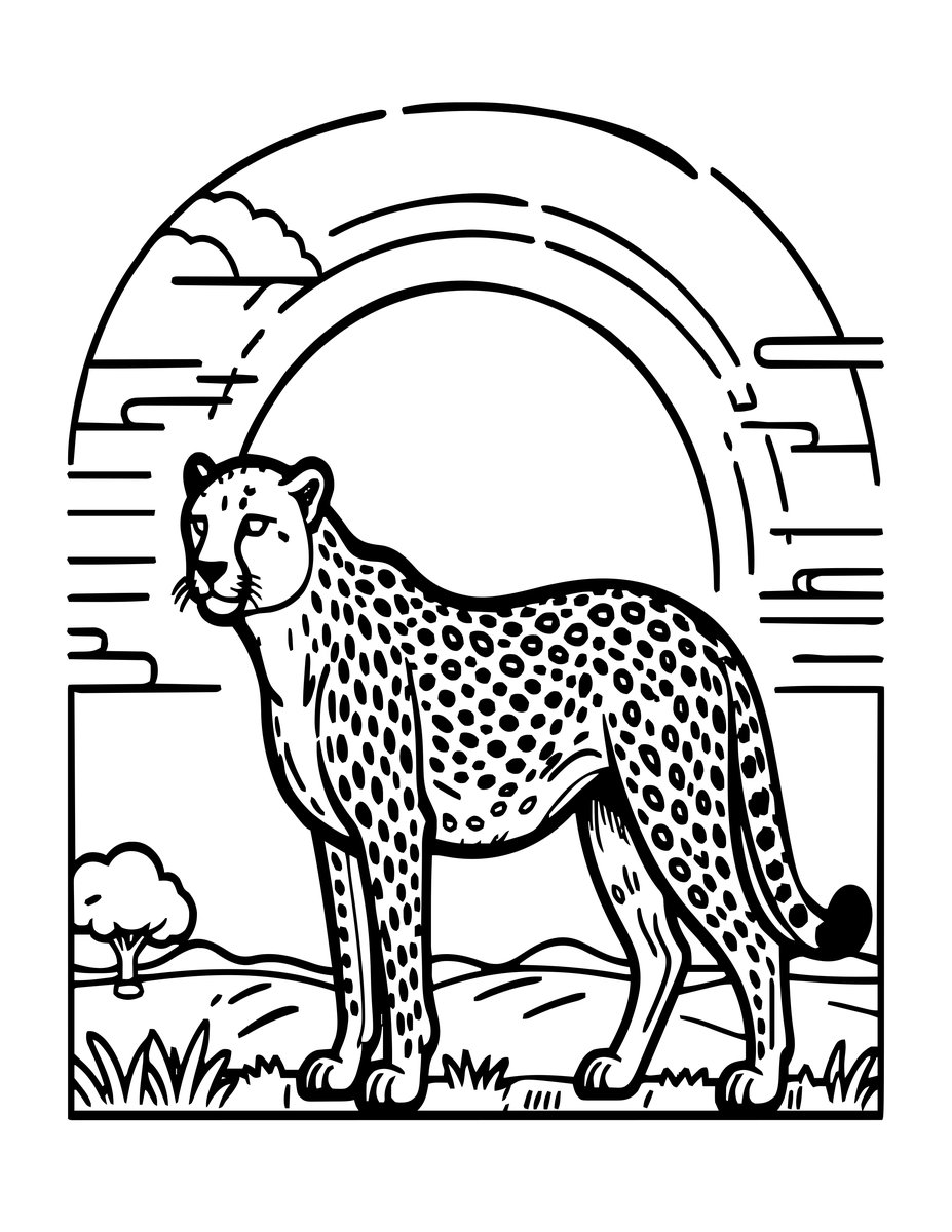 Cheetah at Sunrise - free printable coloring page