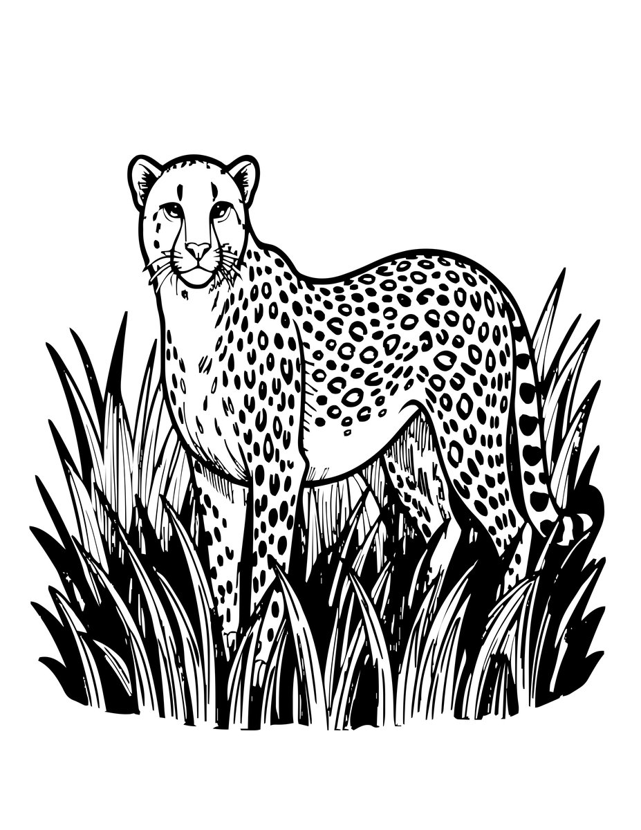 Cheetah in Grass - free printable coloring page