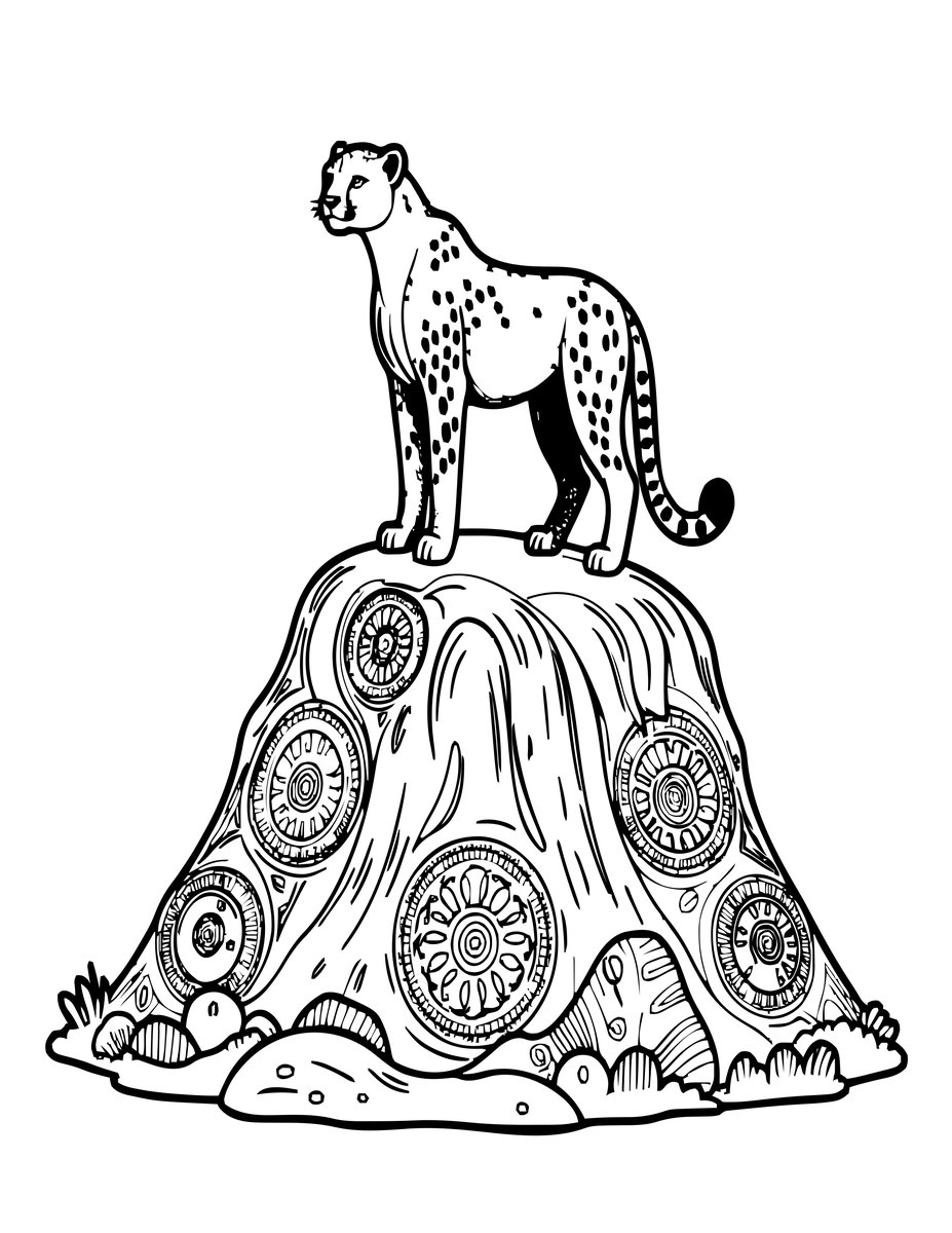 Cheetah on Termite Mound - free printable coloring page