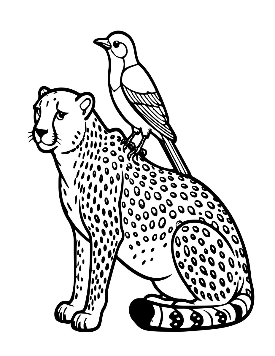 Cheetah and Starling - free printable coloring page