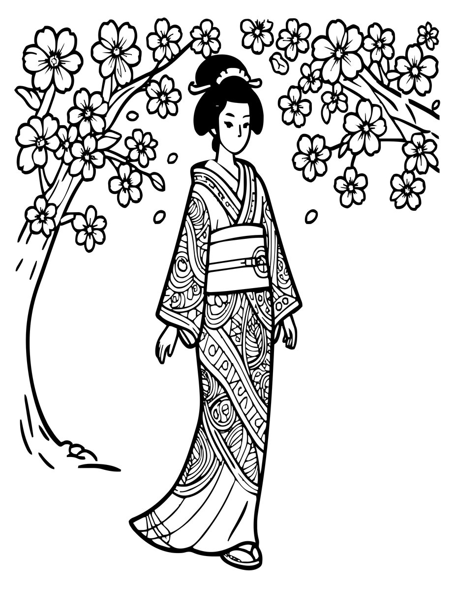 Blossom and Geisha - free printable coloring page