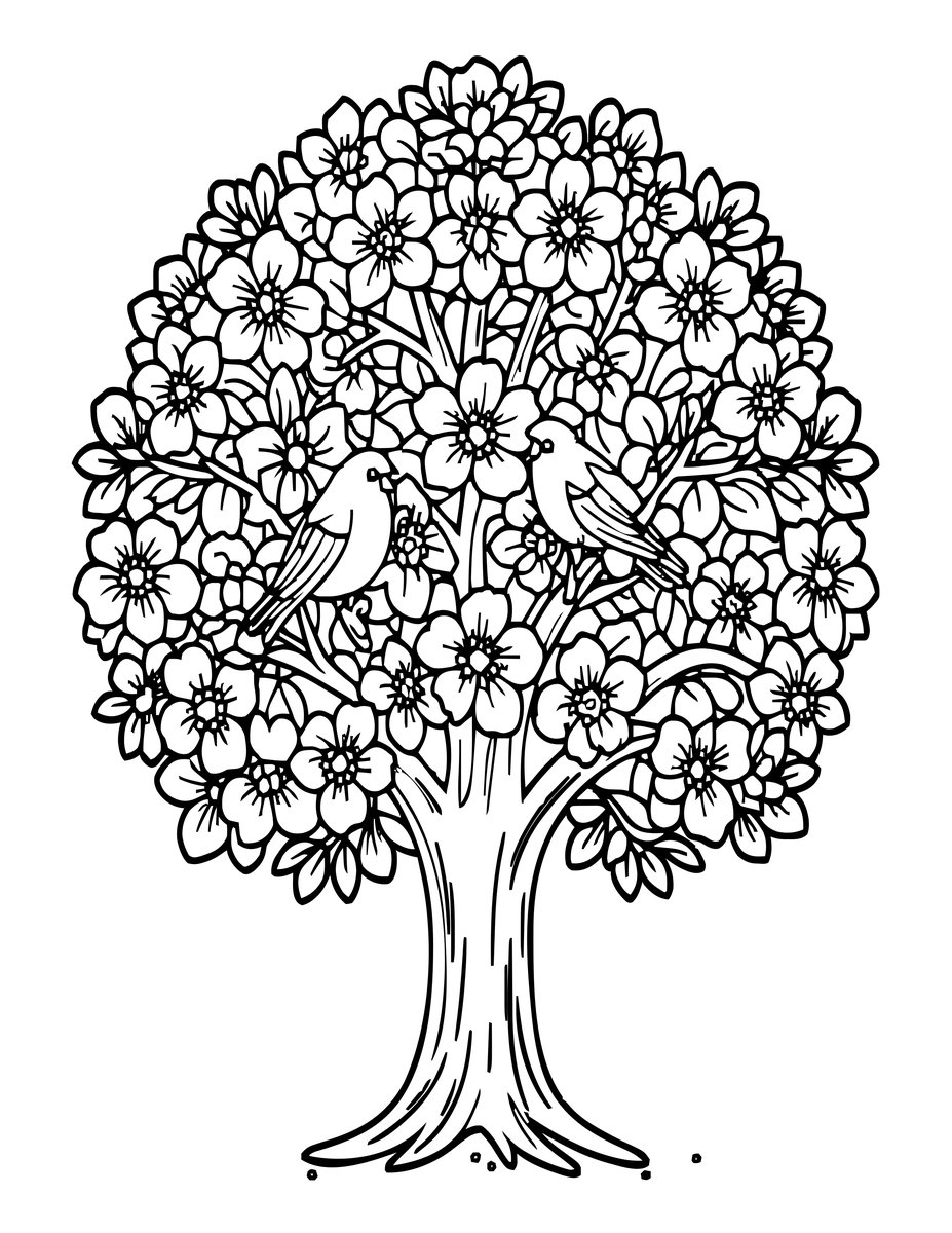 Blossom and Birds - free printable coloring page