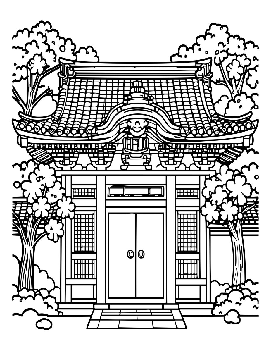 Temple and Blossoms - free printable coloring page