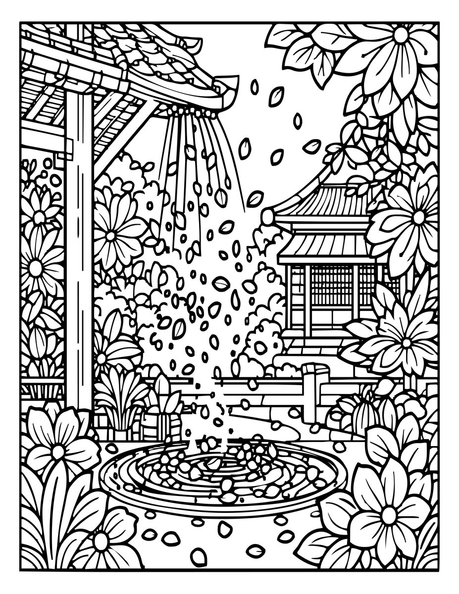 Cherry Blossom Rain - free printable coloring page