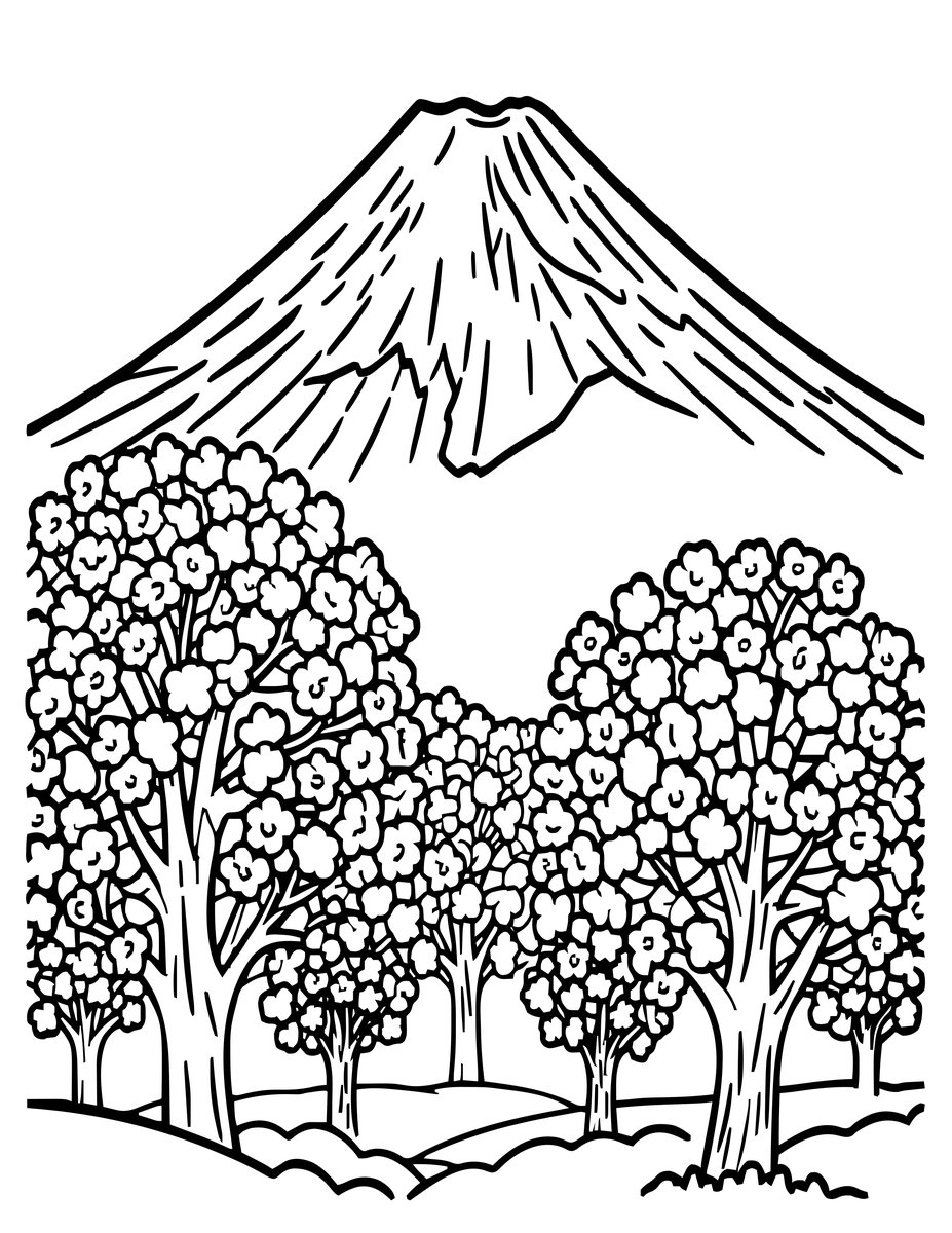 Cherry Blossom and Fuji - free printable coloring page