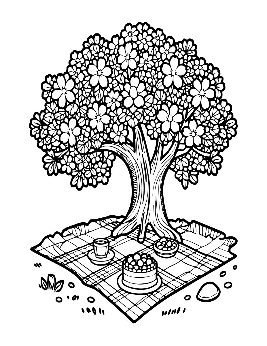 Picnic Under Cherry Tree - free printable coloring page