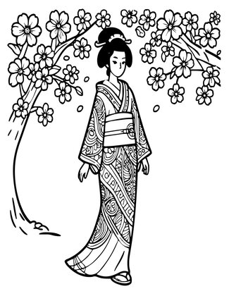 Blossom and Geisha - Free printable coloring page
