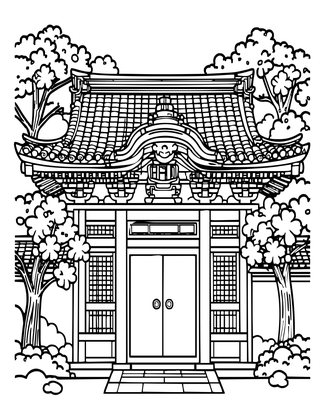 Temple and Blossoms - Free printable coloring page