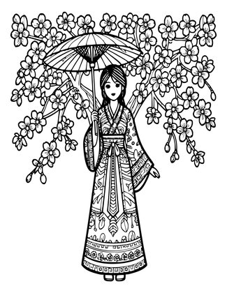 Blossom and Umbrella - Free printable coloring page