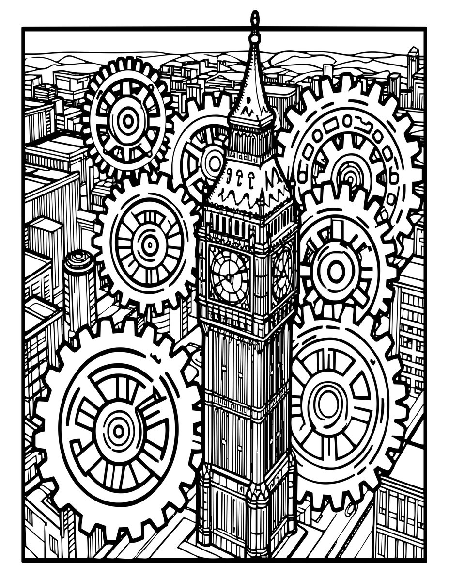 Steampunk City - free printable coloring page