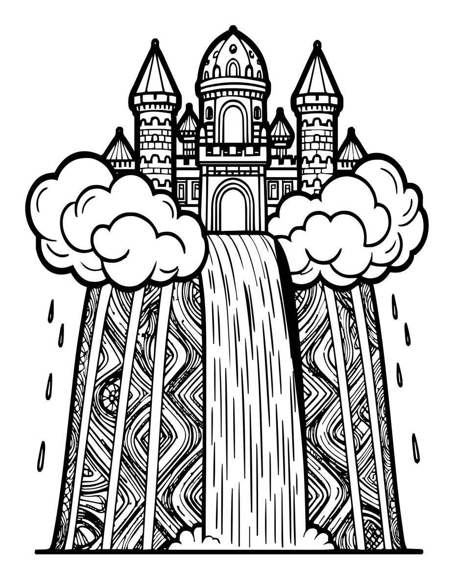 Cloud Castle Waterfall - free printable coloring page