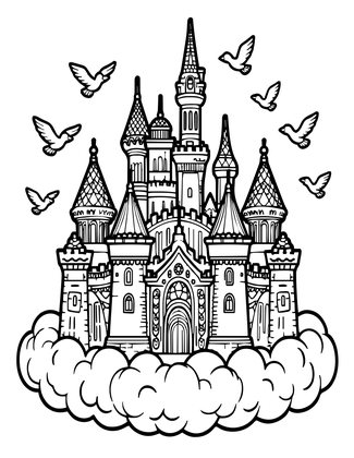Cloud Castle and Birds - Free printable coloring page