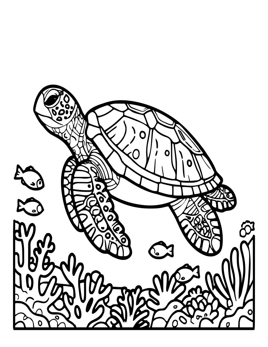 Turtle at Reef - free printable coloring page