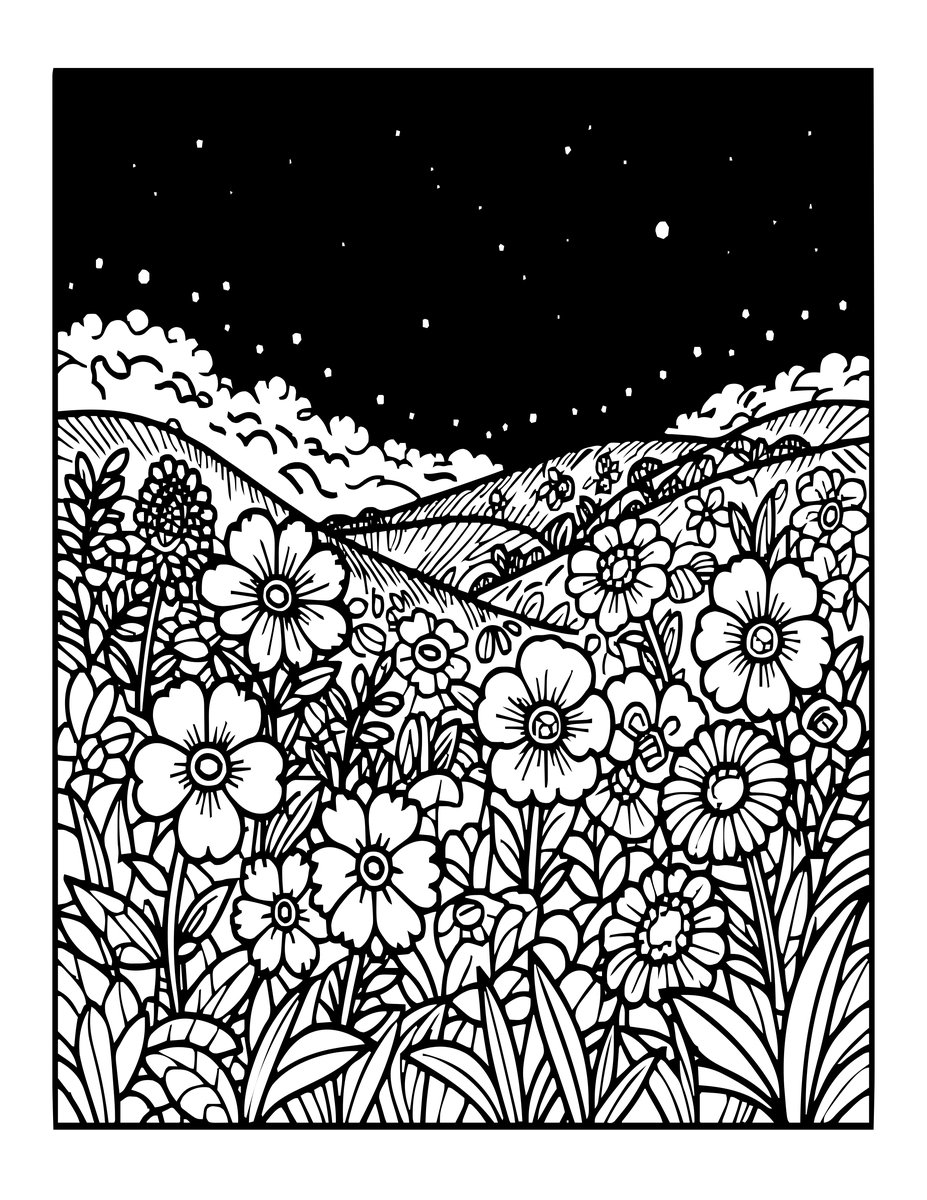 Meadow at Night - free printable coloring page