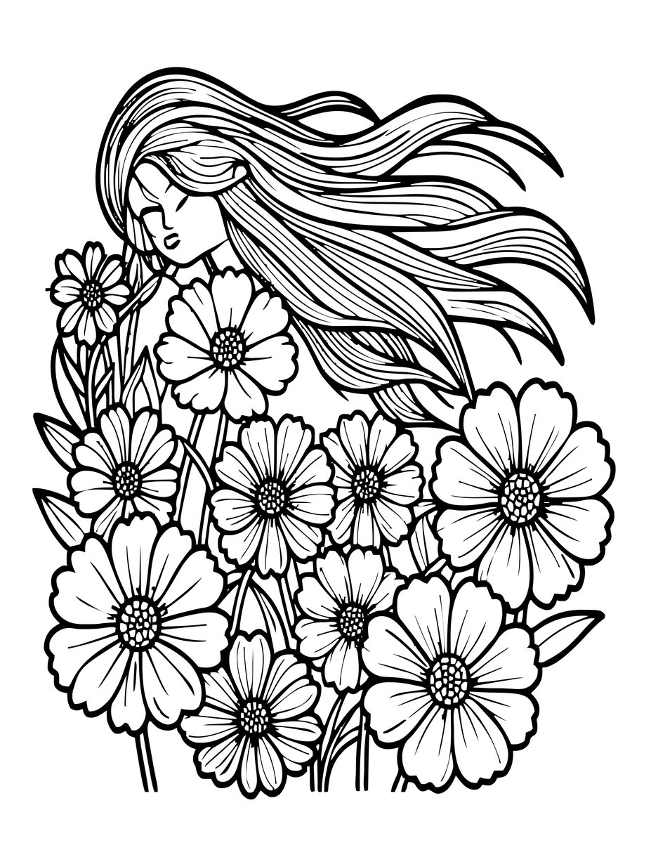 Cosmos in Wind - free printable coloring page