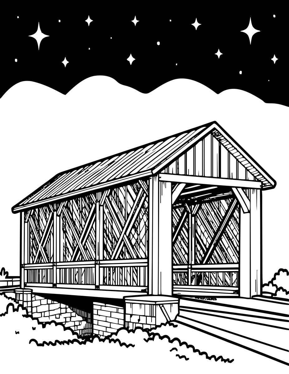 Bridge Under Stars - free printable coloring page