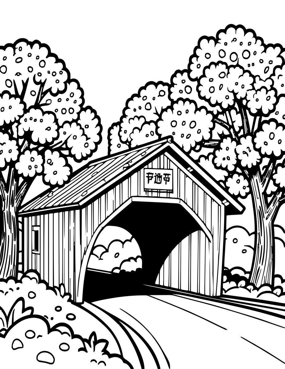 Bridge in Spring - free printable coloring page
