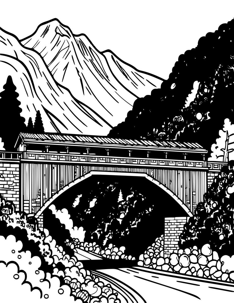 Mountain Bridge - free printable coloring page