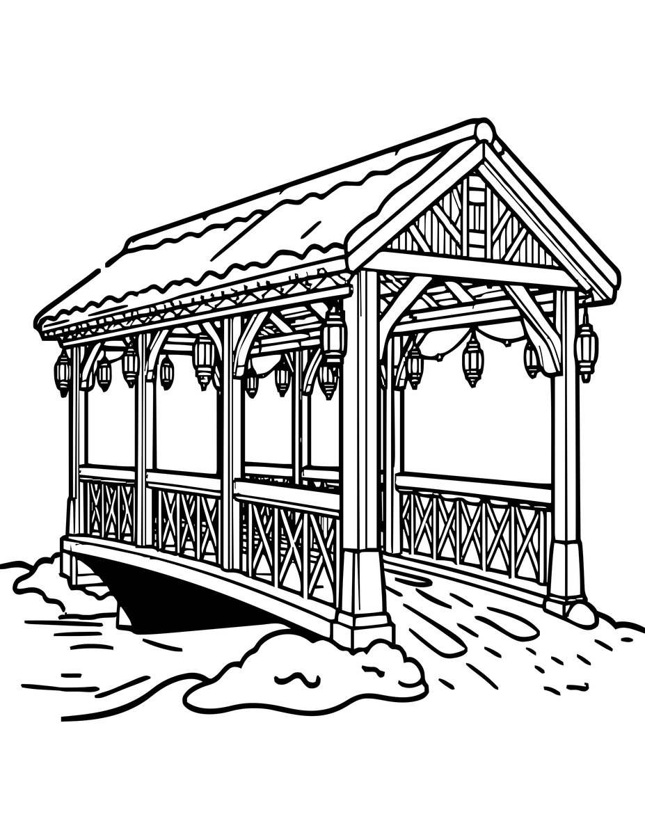 Bridge at Christmas - free printable coloring page