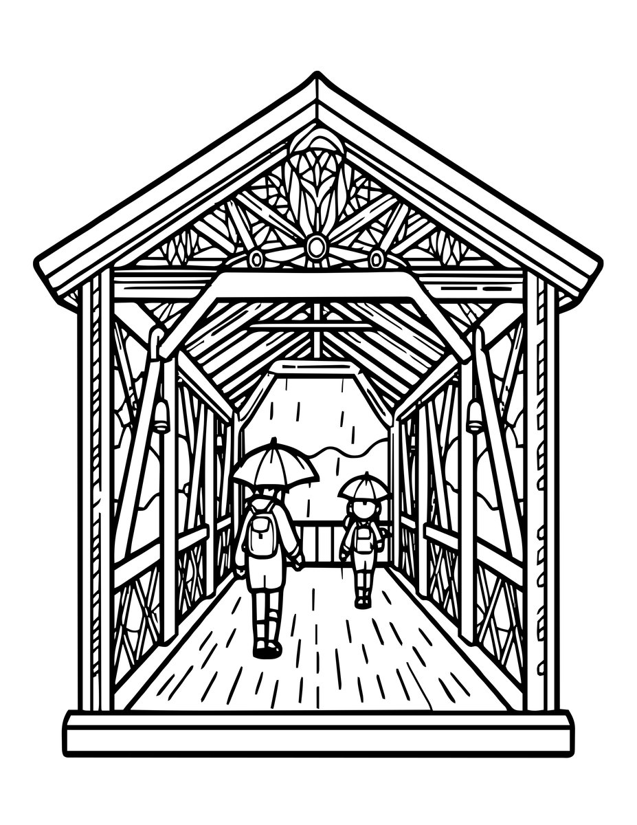 Bridge in Rain - free printable coloring page
