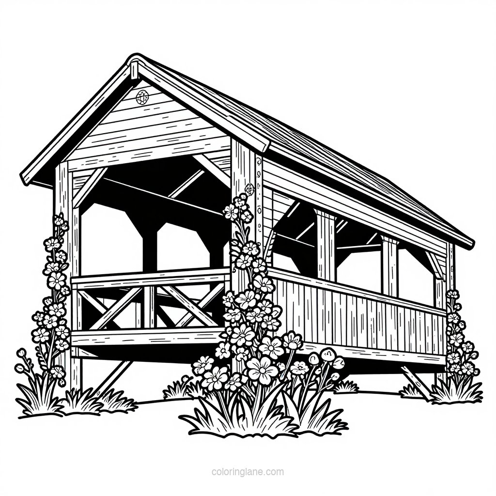 Bridge and Canoe - free printable coloring page