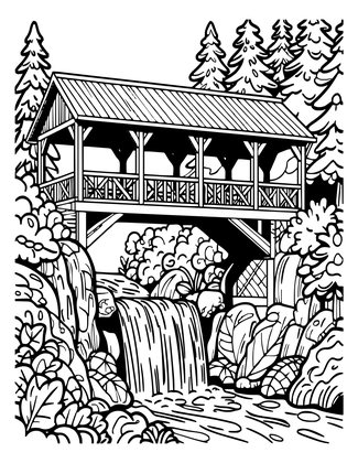 Bridge with Waterfall - Free printable coloring page